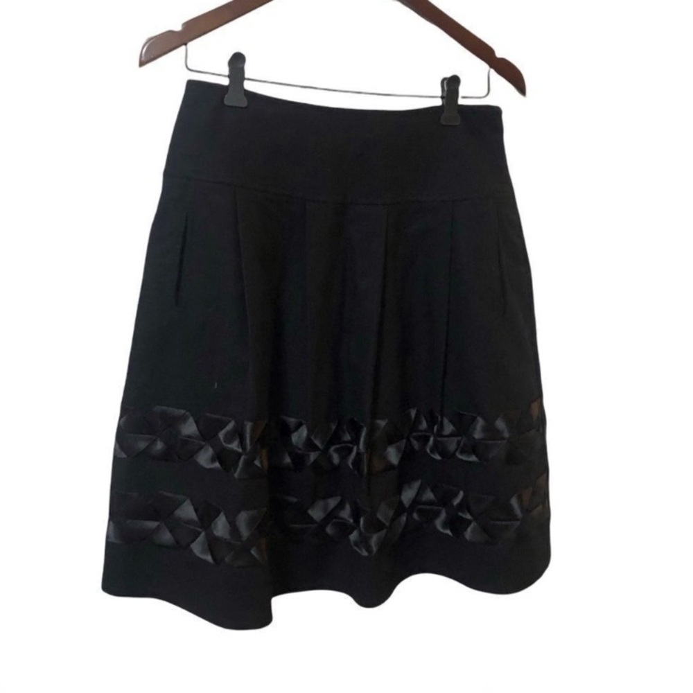 Tristan Black Knee-Length A-Line Wool Skirt with Pleated Embellishments
